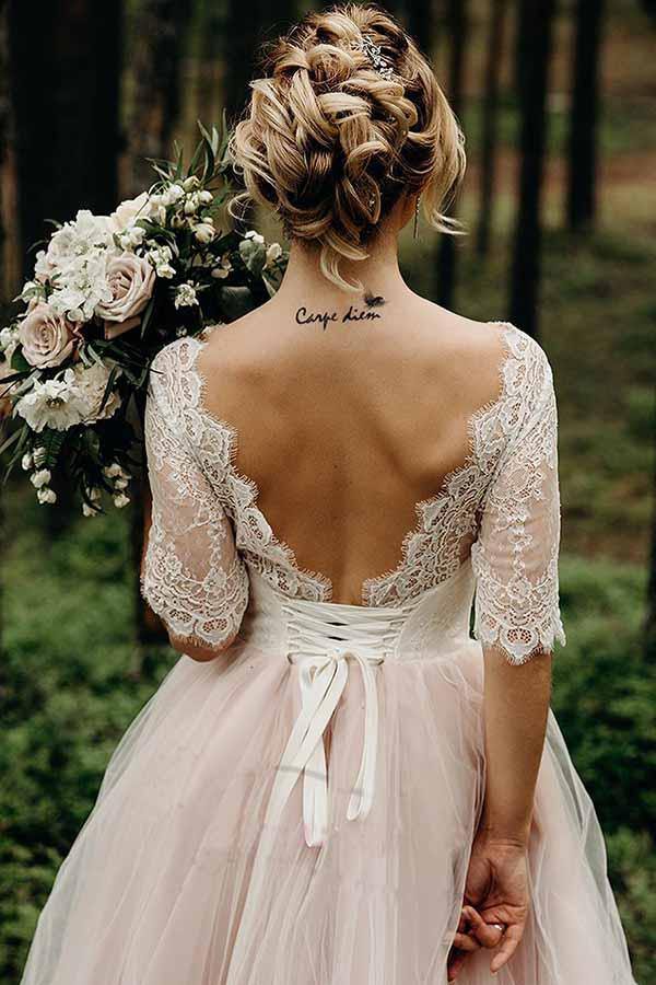Wedding Gown Half Open Back Dress Pink Tulle Lace Backless Half