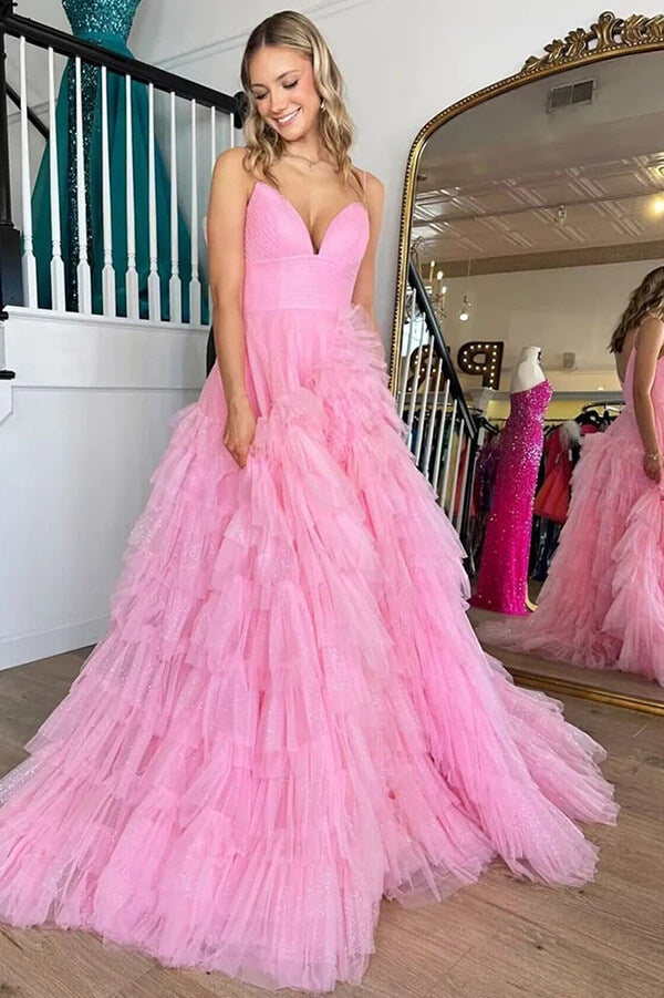 Princess Pink Formal Gowns Pink Tulle Tiered Princess A-line V