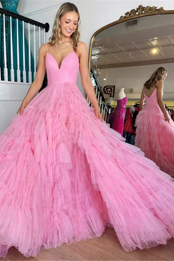 Pink Tulle Lace Off-the-Shoulder Ruffles Tiered Long Prom Dress