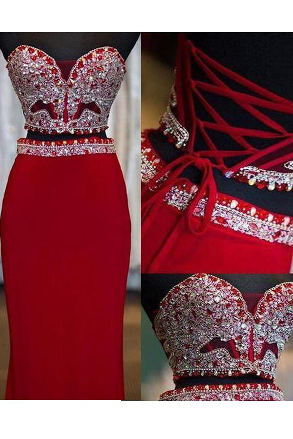 strapless open back dress Red Two Piece Prom Dress,Satin Floor Length Evening Dress,Prom Dress w main image 1