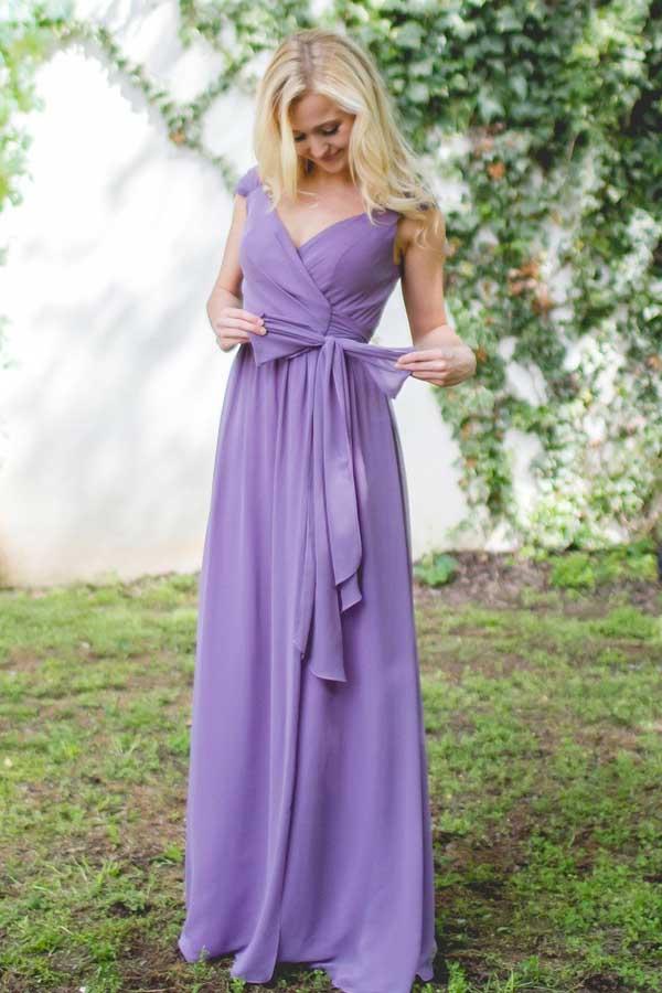 Purple Chiffon V-neck Cap Sleeves Lace Up Long Bridesmaid Dresses, MBD160 | purple bridesmaid dresses | chiffon bridesmaid dress | a line bridesmaid dress | www.musebridals.com
