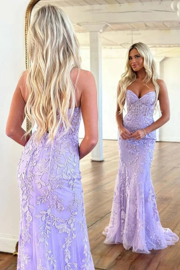 Purple Mermaid Sweetheart Neck Long Prom Dresses With Lace Appliques, MP752 Purple Mermaid Sweetheart Neck Long Prom Dresses With Lace Appliques, MP752