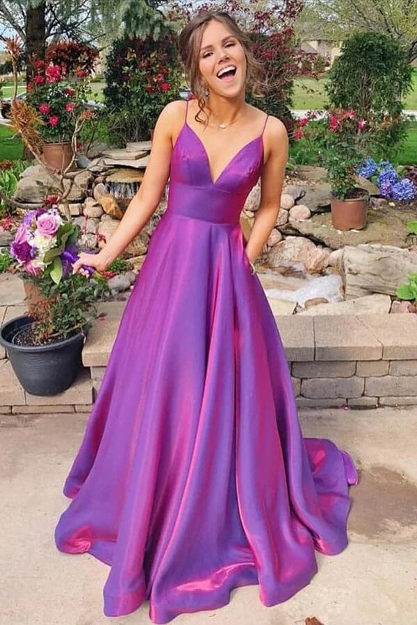 Purple Satin A-line Spaghetti Straps Prom Dresses With Pockets, Party Dress, MP775