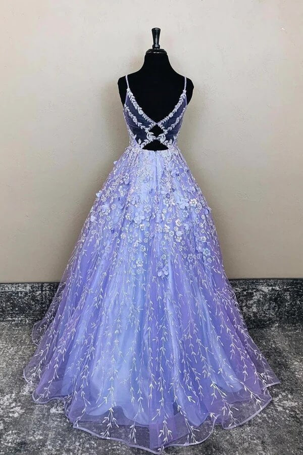 Blue/Purple Ombre Tulle Prom Dress, V Neck Lace Appliqued Pageant