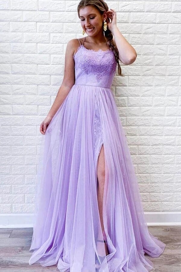 Purple Tulle Lace A-line Backless Prom Dresses With Slit, Evening Dresses, MP678 Purple Tulle Lace A-line Backless Prom Dresses With Slit, Evening Dresses, MP678