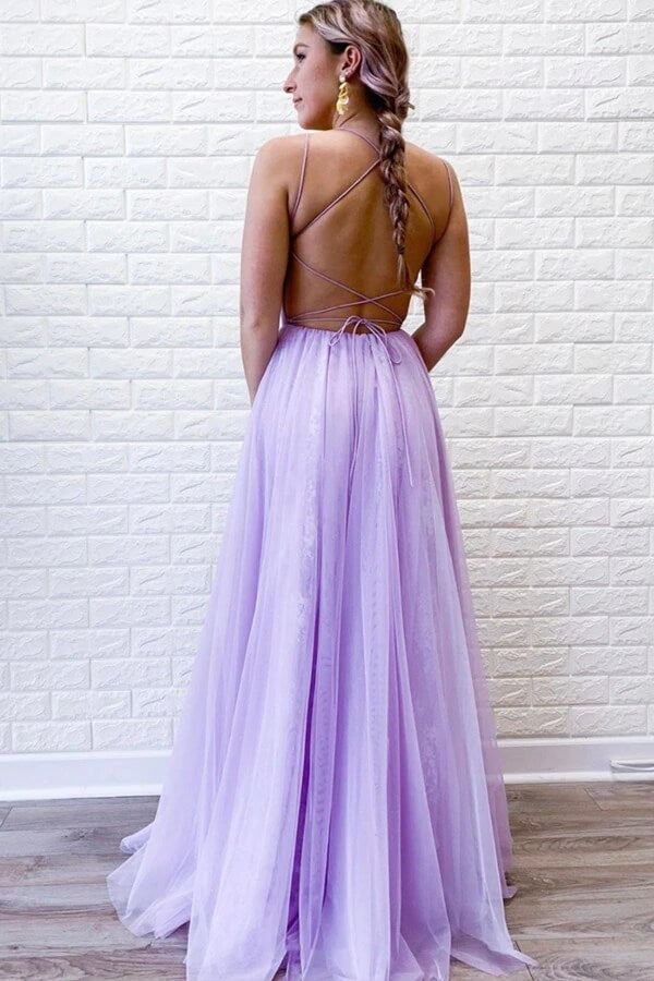 Purple Tulle Lace A-line Backless Prom Dresses With Slit, Evening Dresses,  MP678