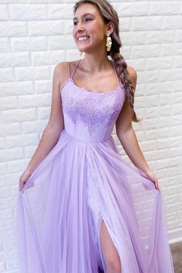 Purple Tulle Lace A-line Backless Prom Dresses With Slit, Evening Dresses, MP678 Purple Tulle Lace A-line Backless Prom Dresses With Slit, Evening Dresses, MP678