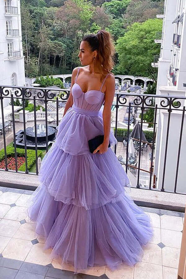 Purple Tulle Layered A-line Sweetheart Long Prom Dresses, Evening Gowns, MP676