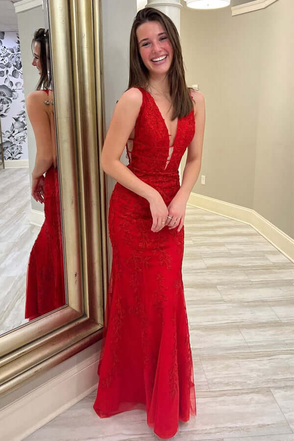 Red Mermaid Lace V-neck Floor Length Prom Dresses MP750 | Musebridals Red Mermaid Lace V-neck Floor Length Prom Dresses MP750 | Musebridals