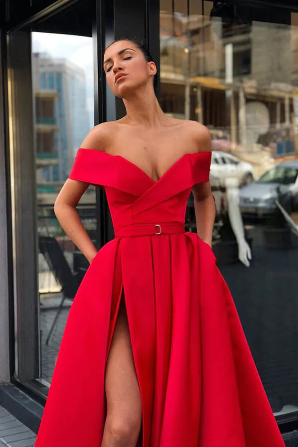Red Satin A-line Off-the-Shoulder High Split Prom Dresses With Pockets, MP722