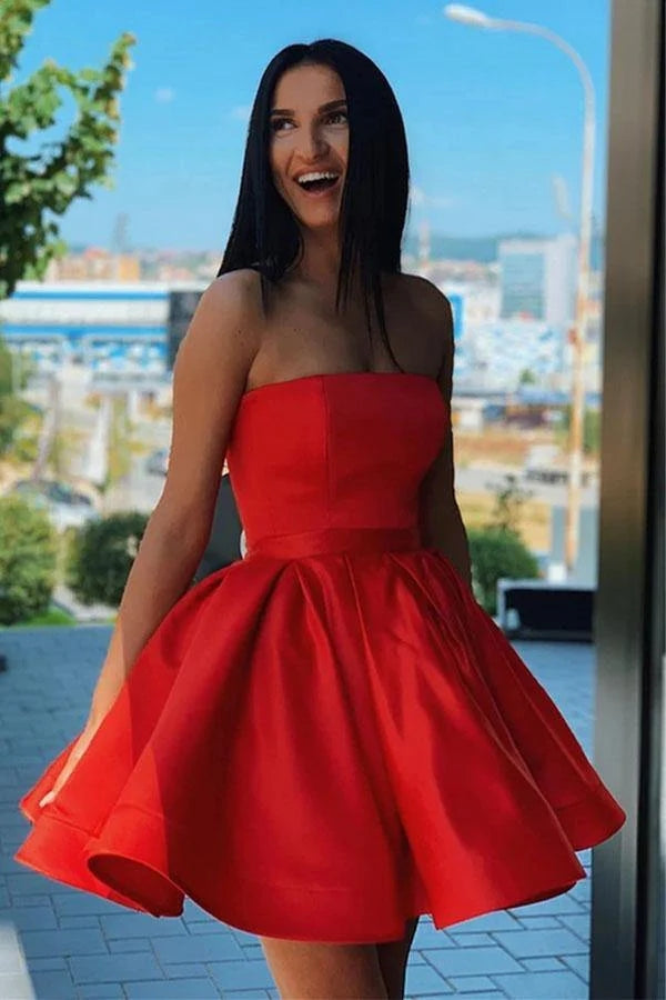 Red Satin A-line Strapless Short Homecoming Dresses, Short Party Dresses, MH549 Red Satin A-line Strapless Short Homecoming Dresses, Short Party Dresses, MH549