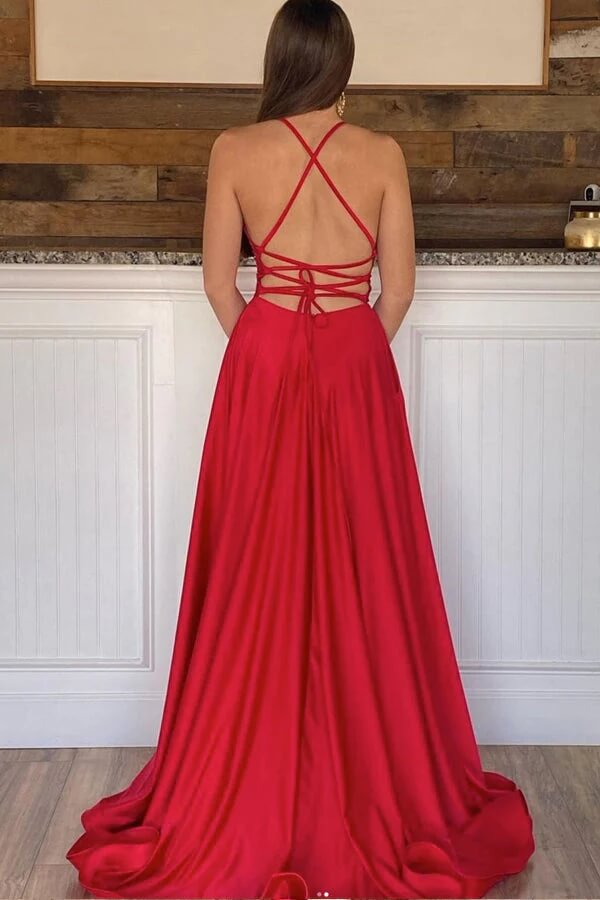 Red Satin A-line V-neck Long Prom Dresses With Slit, Evening Gowns, MP813