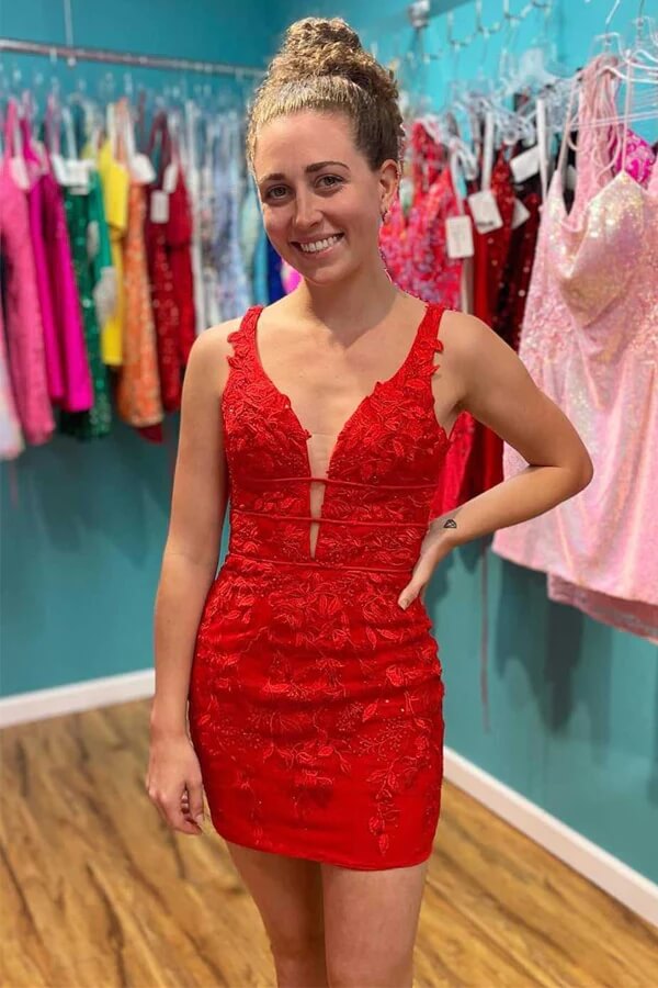 Red Sheath V Neck Lace Up Lace Appliques Short Homecoming Dresses, MH579 Red Sheath V Neck Lace Up Lace Appliques Short Homecoming Dresses, MH579
