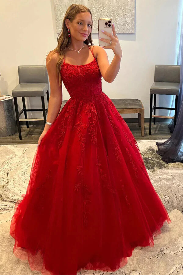 Red Tulle A-line Scoop Prom Dresses With Lace Appliques, Evening Gowns,  MP792