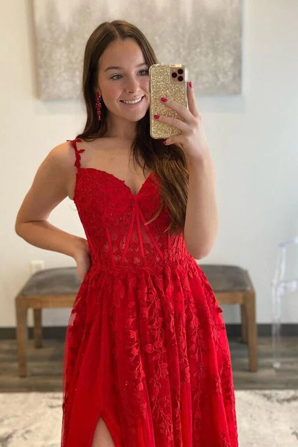 Red Tulle A-line Sweetheart Prom Dresses With Lace Appliques, Party Dress, MP741 | cheap long prom dress | evening gown | dress for prom | musebridals.com