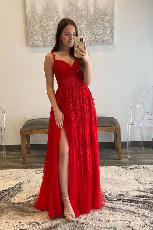 High Low Strapless Red Tulle Long Prom Dresses with Train, Red