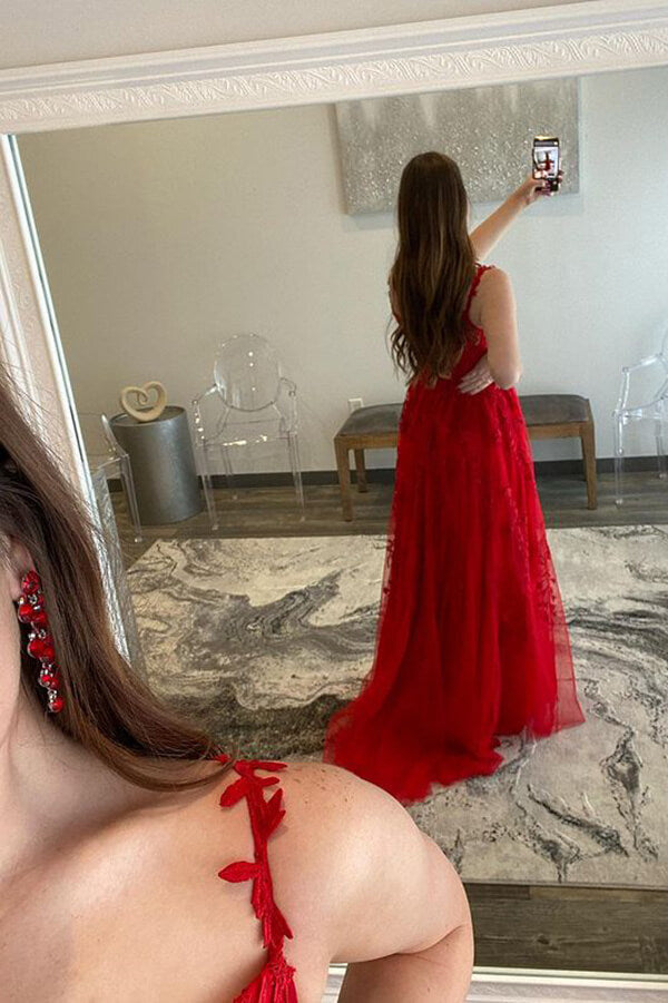Red Tulle A-line Sweetheart Prom Dresses With Lace Appliques, Party Dress, MP741 | a line prom dresses | long formal dresses | prom dress for teens | musebridals.com