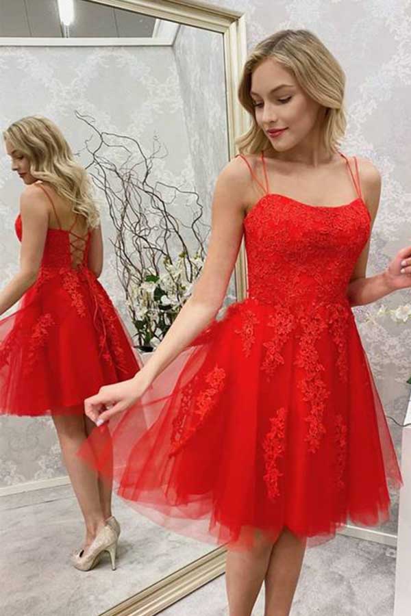 Cute Strapless Red Lace Short Prom Dresses, Red Lace Homecoming