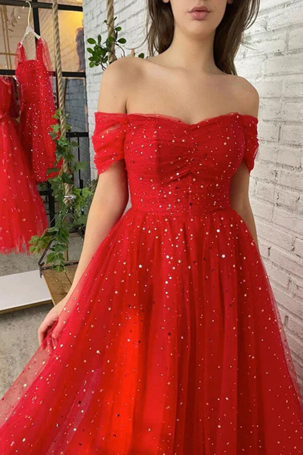 Red Tulle Off-the-Shoulder Long Prom Dresses, MP718 | Musebridals Red Tulle Off-the-Shoulder Long Prom Dresses, MP718 | Musebridals