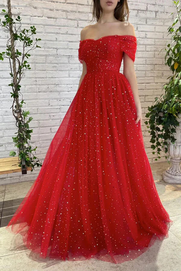 Red Tulle Off-the-Shoulder Long Prom Dresses, A-line Evening Gowns, MP718