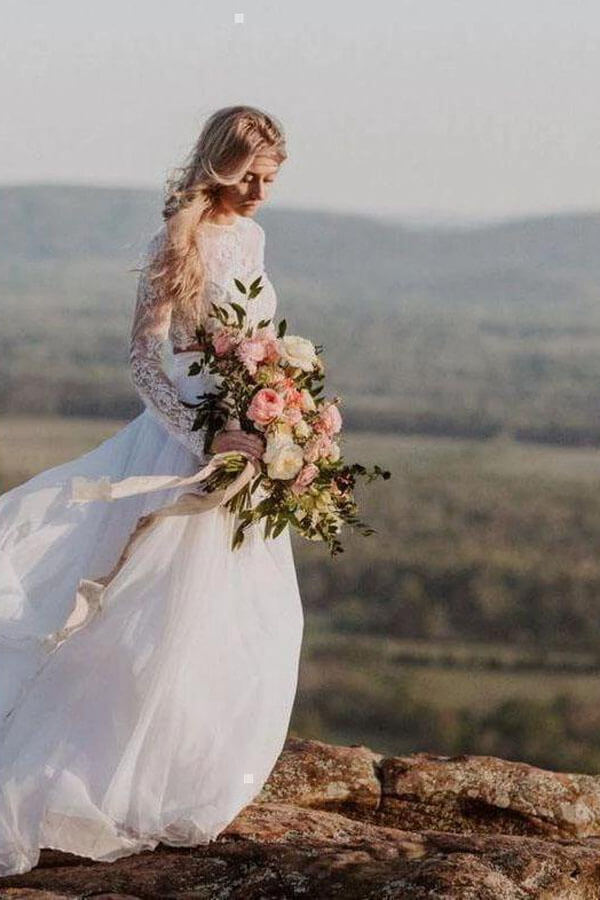 Romantic Ivory Chiffon Two Piece Long Sleeves Wedding Dresses with Lace, MW521 Romantic Ivory Chiffon Two Piece Long Sleeves Wedding Dresses with Lace, MW521