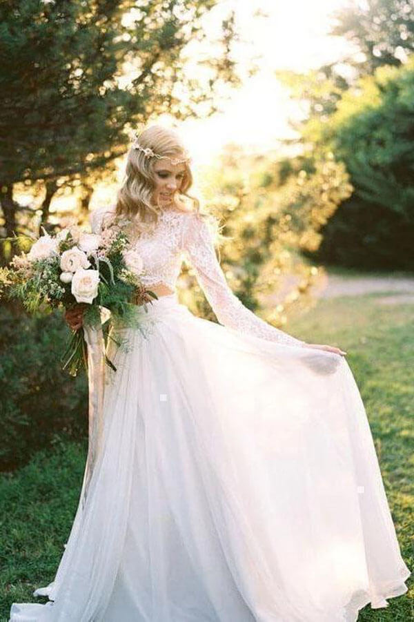 Romantic Ivory Chiffon Two Piece Long Sleeves Wedding Dresses with Lace,  MW521