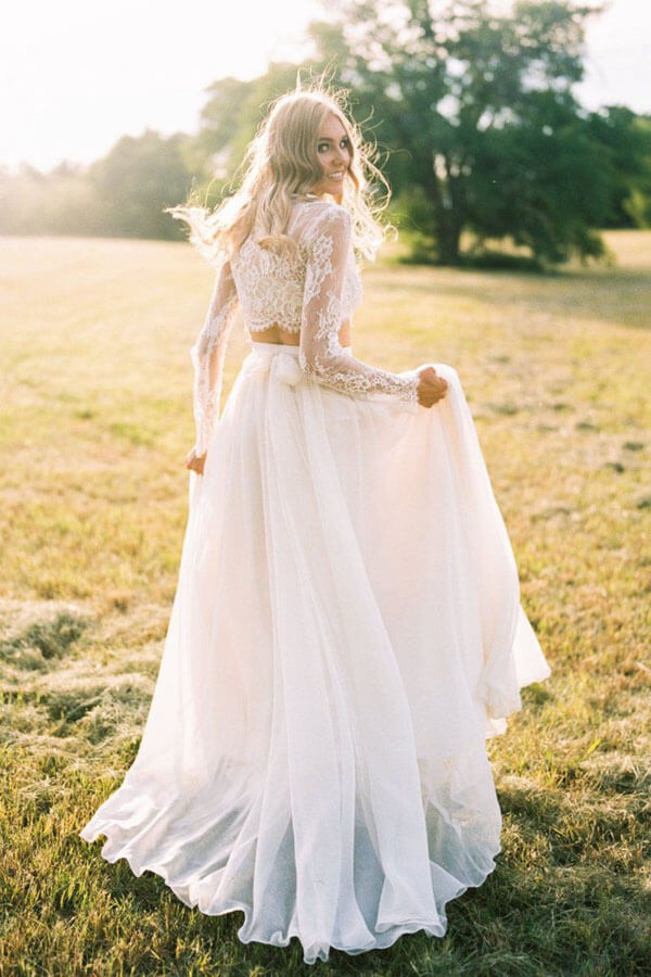 Romantic Ivory Chiffon Two Piece Long Sleeves Wedding Dresses with Lace,  MW521