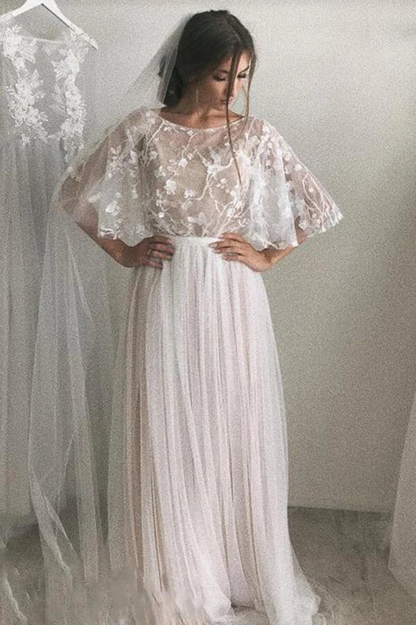 short bell sleeve wedding dress Chic Long Mermaid Square Neck Satin Backless Wedding Dress with Short Newinlook