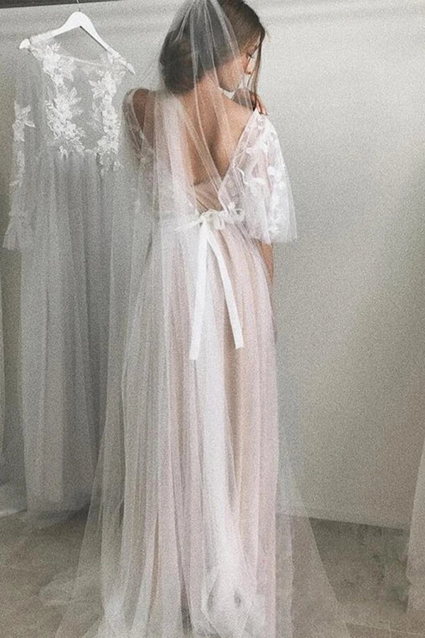 Romantic Lace A-line Half Sleeves Wedding Dresses With Short Train, MW575 Romantic Lace A-line Half Sleeves Wedding Dresses With Short Train, MW575