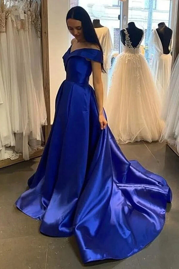 Royal Blue A-line Off Shoulder Prom Dresses, Evening Dresses With Train, MP725 | prom dress stores | prom dresses online | evening long dress | musebridals.com