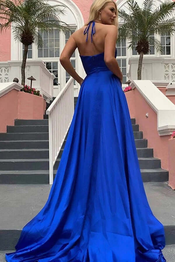 Royal Blue A line V Neck Spaghetti Straps Long Prom Dresses With Split MP657
