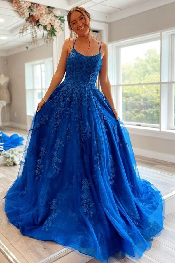 Royal Blue Princess Tulle Prom Dresses With Lace Appliques Formal Dress MP644