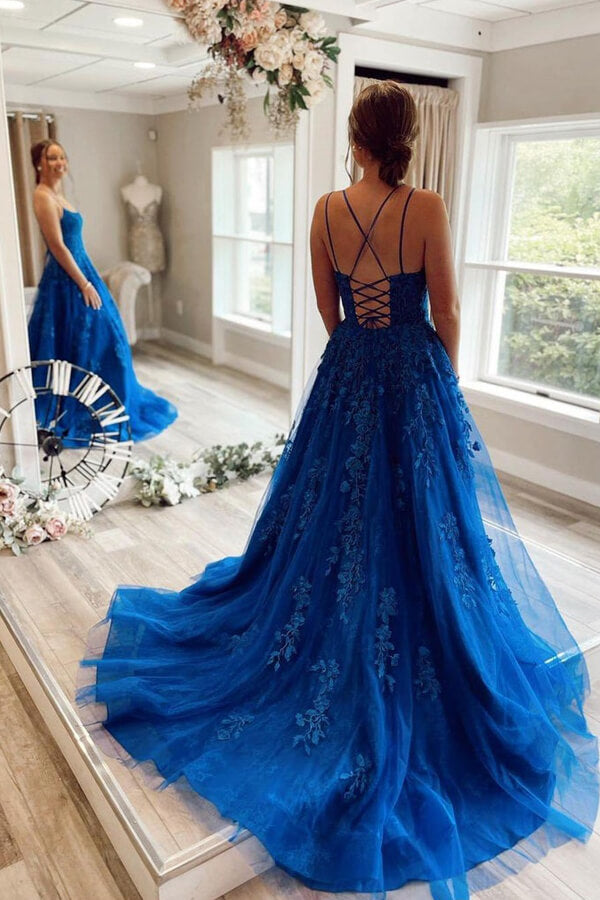 Royal Blue Tulle Prom Dresses With Lace Appliques MP644