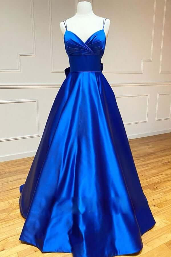 Royal Blue Satin A-line Spaghetti Straps Long Prom Dresses With Bowknot, MP692 | simple prom dresses | a line prom dresses | cheap long prom dresses | www.musebridals.com