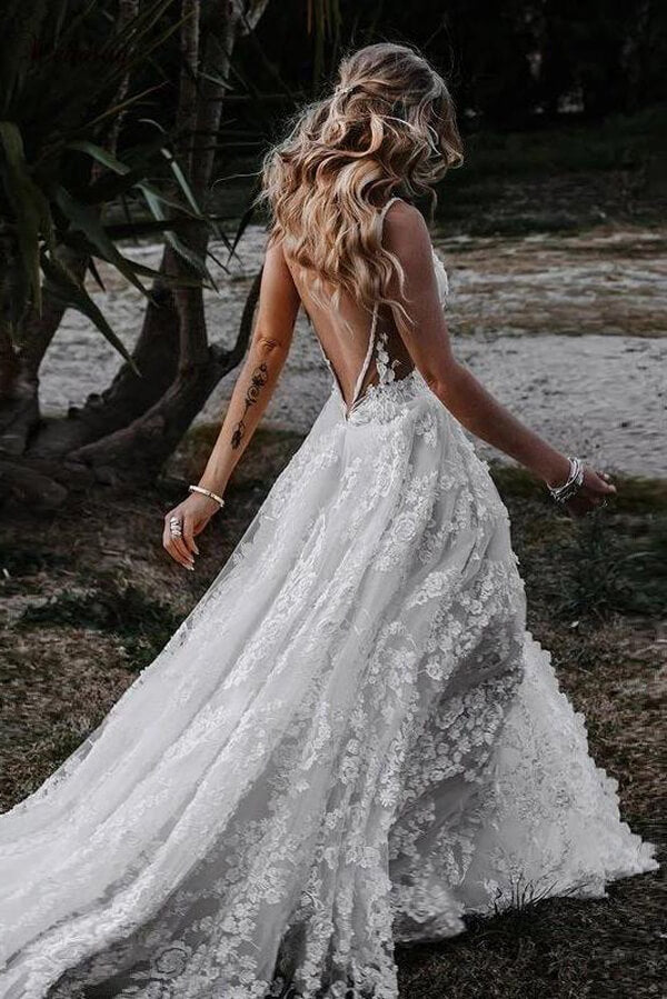 Rustic A-line V-neck Side Slit Lace Beach Wedding Dresses, Bridal Gown,  MW645