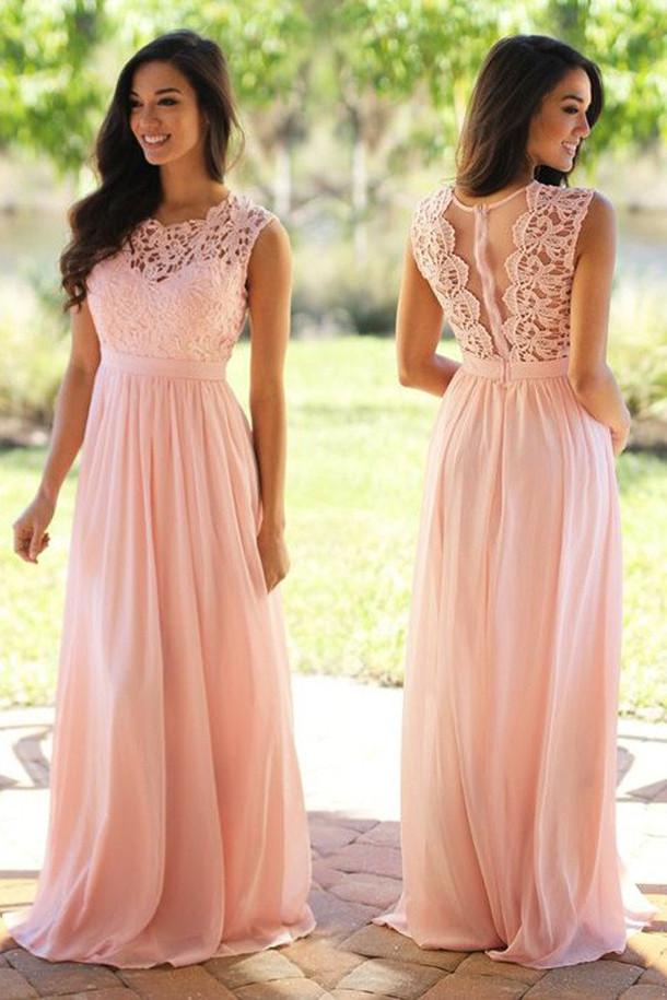 Pink Chiffon Floor Length Lace Sleeveless Evening Dresses Long Prom Dresses, MP271