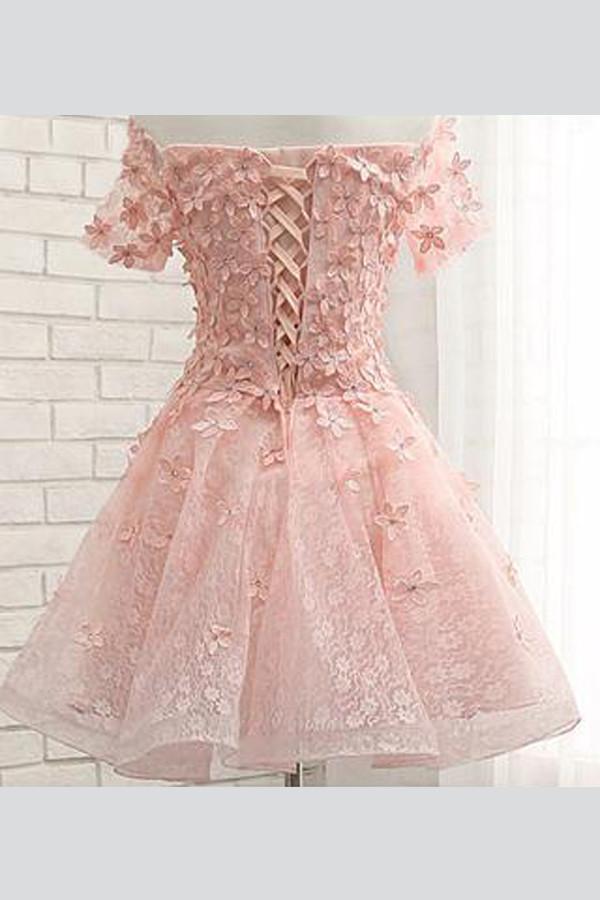 Pink Tulle Off Shoulder Floral Homecoming Dresses with Appliques, MH357 Musebridals Pink Tulle Off Shoulder Floral Homecoming Dresses with Appliques, MH357 Musebridals