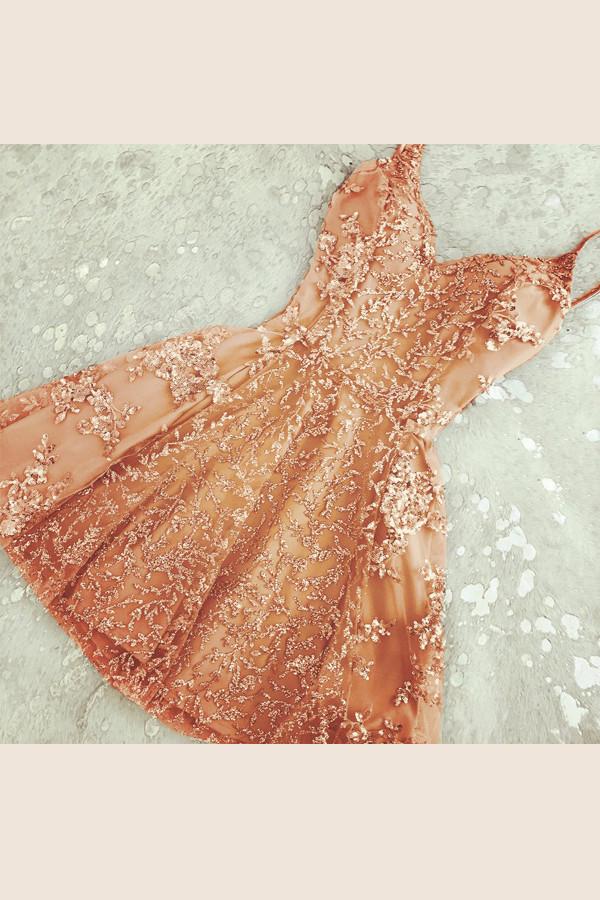 Coral Simple Short V Neck Lace Appliques Beaded Homecoming Dresses Party  Dress, MH401 – Musebridals