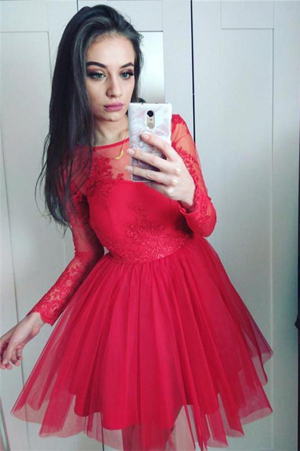 Red Tulle Floral Long Sleeves Sheer Homecoming Dresses with Appliques, MH251