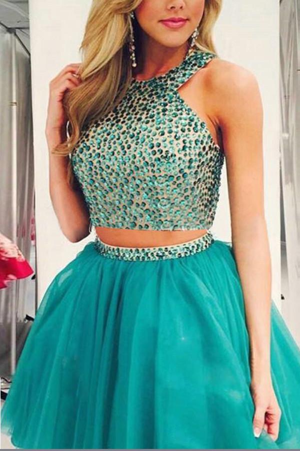 Green Two Piece Beaded Chiffon Halter Homecoming Dresses Party Dress, MH366 Musebridals Green Two Piece Beaded Chiffon Halter Homecoming Dresses Party Dress, MH366 Musebridals