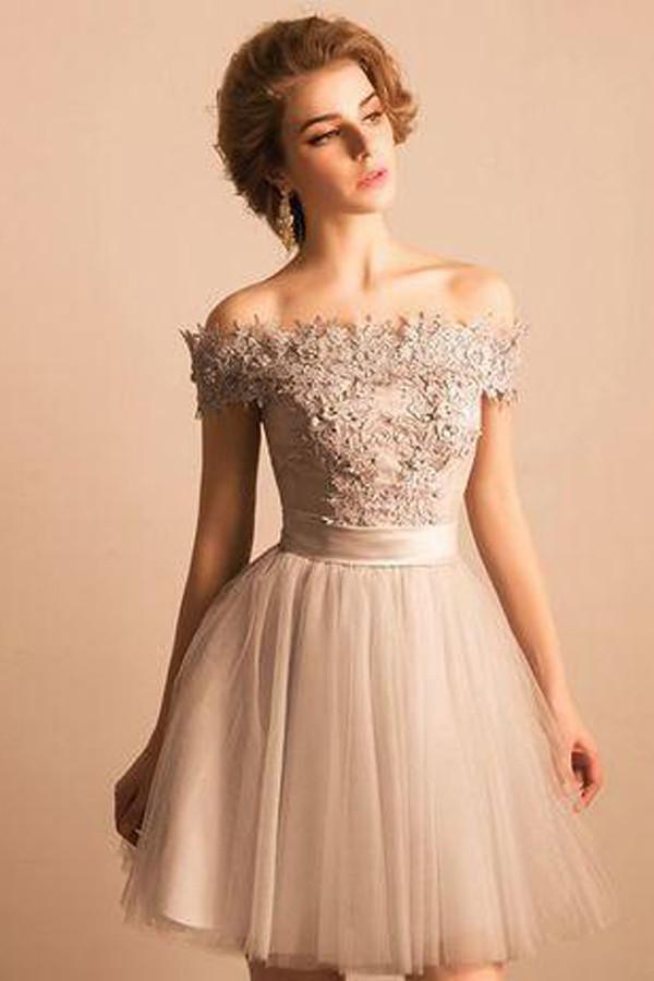 Off The Shoulder Tulle Short Prom Dress, Appliques Scoop Homecoming Dresses, MH267