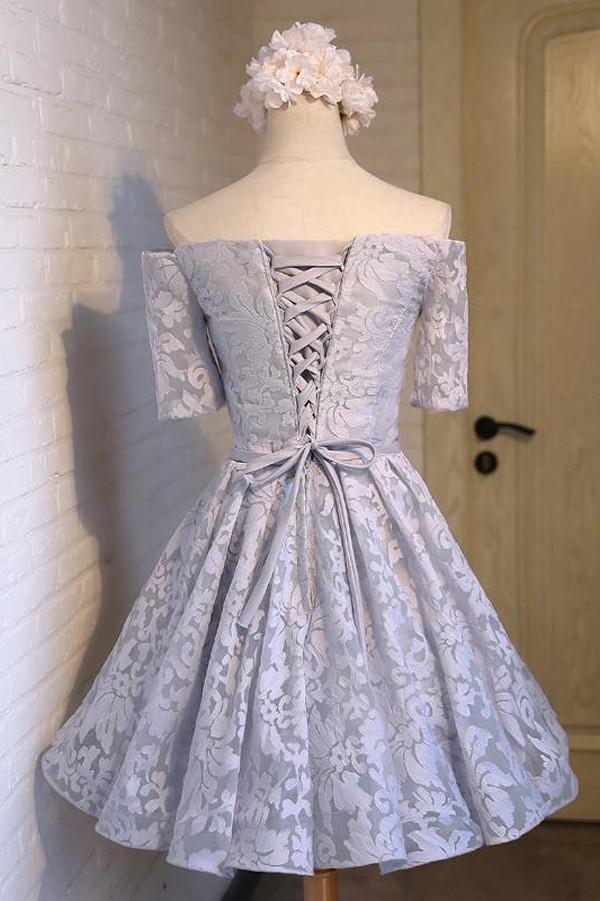 chinese dress ladies Gray Off Shoulder Half Sleeve Lace Up Homecoming Dress With Appliques,  MH216 – Musebridals