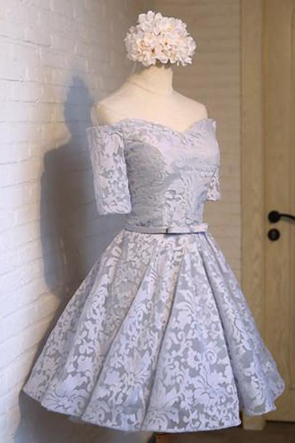 Gray Off Shoulder Half Sleeve Lace Up Homecoming Dress With Appliques,  MH216 – Musebridals