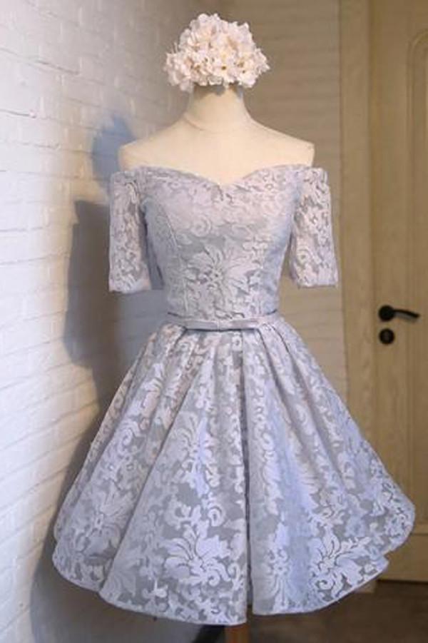 Gray Off Shoulder Half Sleeve Lace Up Homecoming Dress With Appliques,  MH216  Musebridals