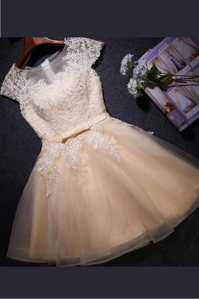 Sheer Capped Sleeve Short Prom Dress, Lace Up Appliques Homecoming Dress,  MH159 – Musebridals