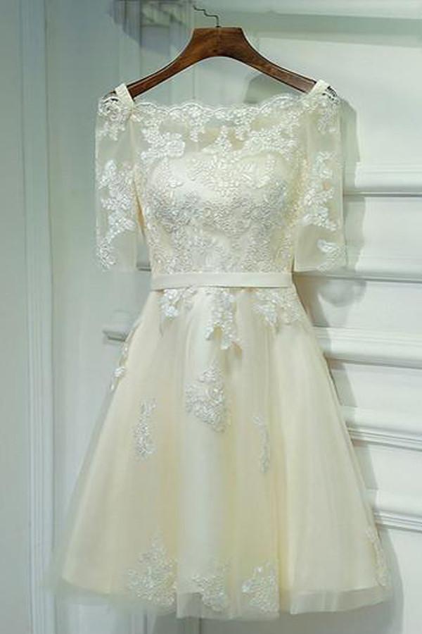 Ivory Half Sleeve Off Shoulder Lace Up Appliques Short Homecoming Dresses, MH233 Musebridals Ivory Half Sleeve Off Shoulder Lace Up Appliques Short Homecoming Dresses, MH233 Musebridals
