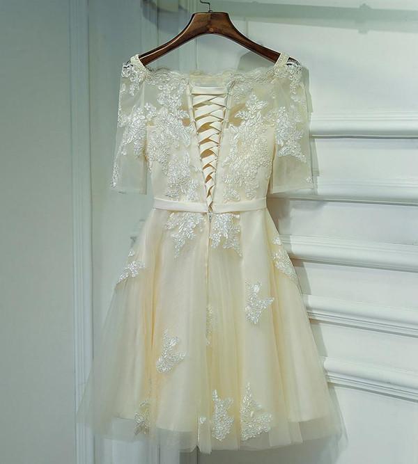 Ivory Half Sleeve Off Shoulder Lace Up Appliques Short Homecoming Dresses,  MH233 – Musebridals