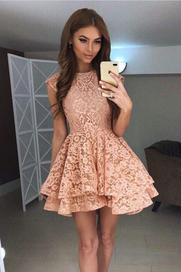 Coral Lace Puffy Appliques Short Prom Dress,Tiered Cheap Homecoming Dress, MH180 Coral Lace Puffy Appliques Short Prom Dress,Tiered Cheap Homecoming Dress, MH180