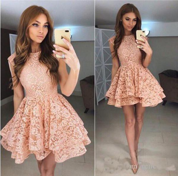 Coral Lace Puffy Appliques Short Prom Dress,Tiered Cheap Homecoming Dress, MH180 Coral Lace Puffy Appliques Short Prom Dress,Tiered Cheap Homecoming Dress, MH180