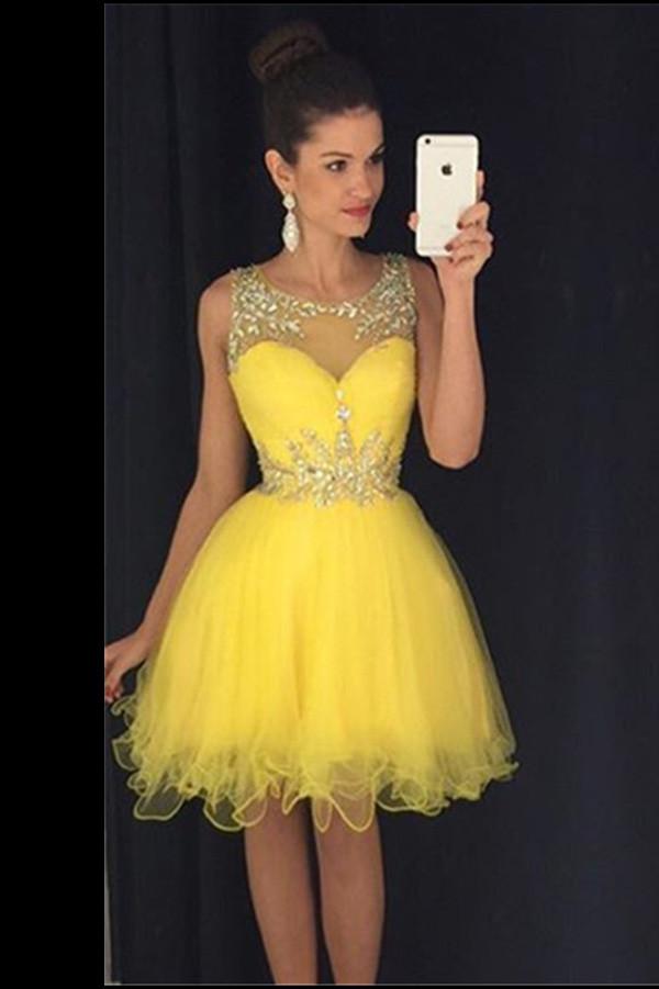 Yellow Tulle See Through Sweetheart Sequins Layers Cheap Homecoming Dresses,  MH380  Musebridals